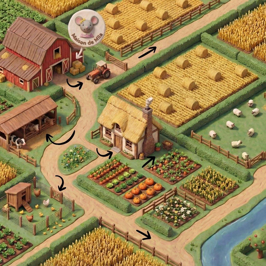 La carte de la ferme de Mila : poulailler, étable, potager, moulin, reliés par des chemins à explorer