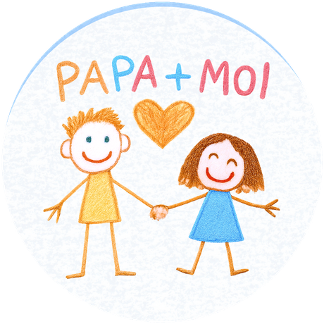 Dessin d'enfant : un papa et sa fille qui se tiennent la main, avec un cœur et le mot PAPA + MOI