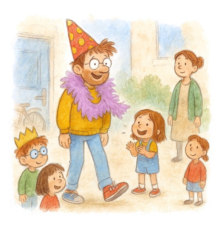 Papa avec un chapeau de fête et un boa, des enfants applaudissent
