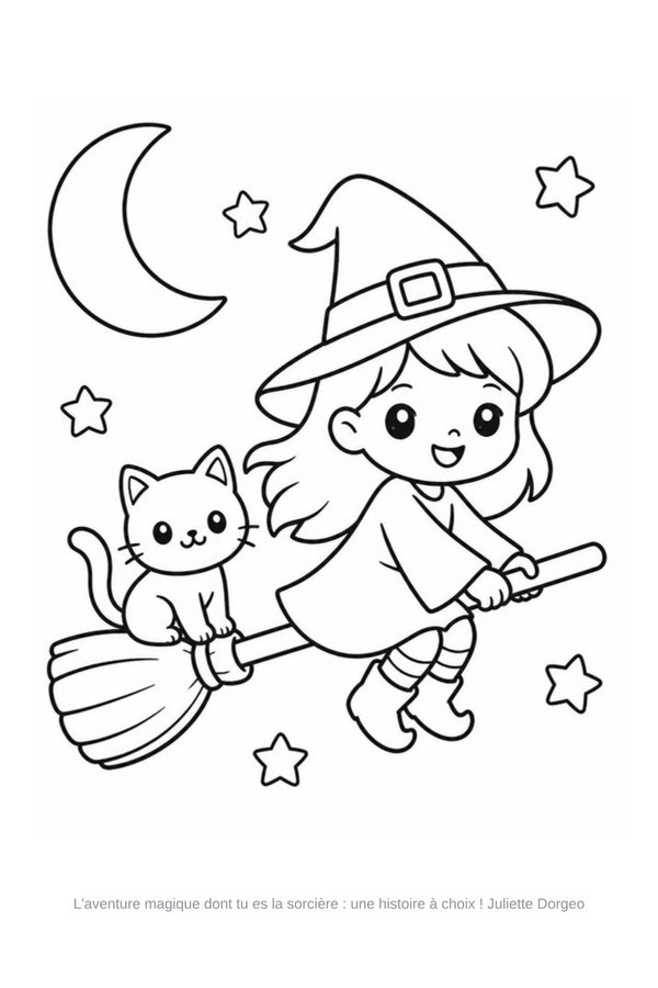 Coloriage : une petite sorcière sur son balai avec son chat