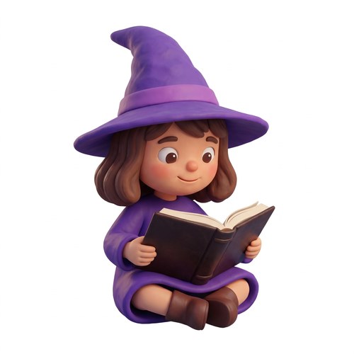 La petite sorcière assise, plongée dans son livre