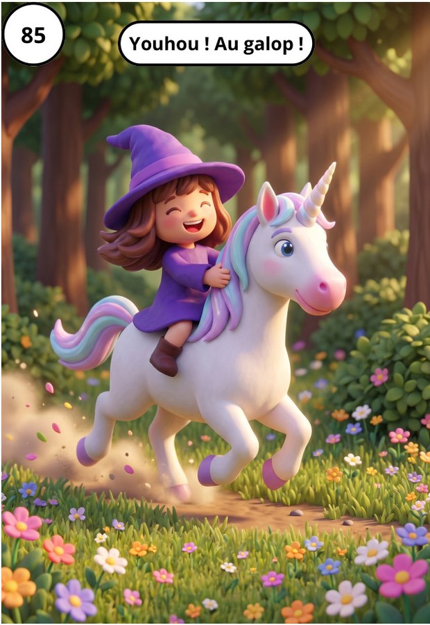 La petite sorcière file vers la maison d'Ursuline sur le dos d'une licorne